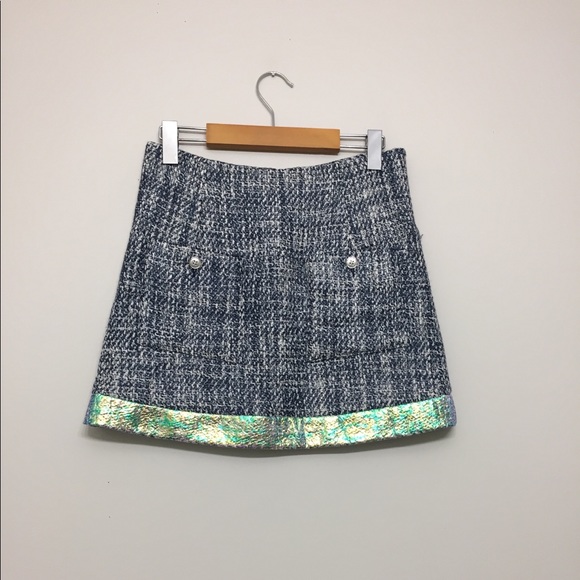 Theyskens' Theory Flossy Seast Navy Tweed & Iridescent Hologram Mini Skirt Sz 0 - Picture 2 of 6